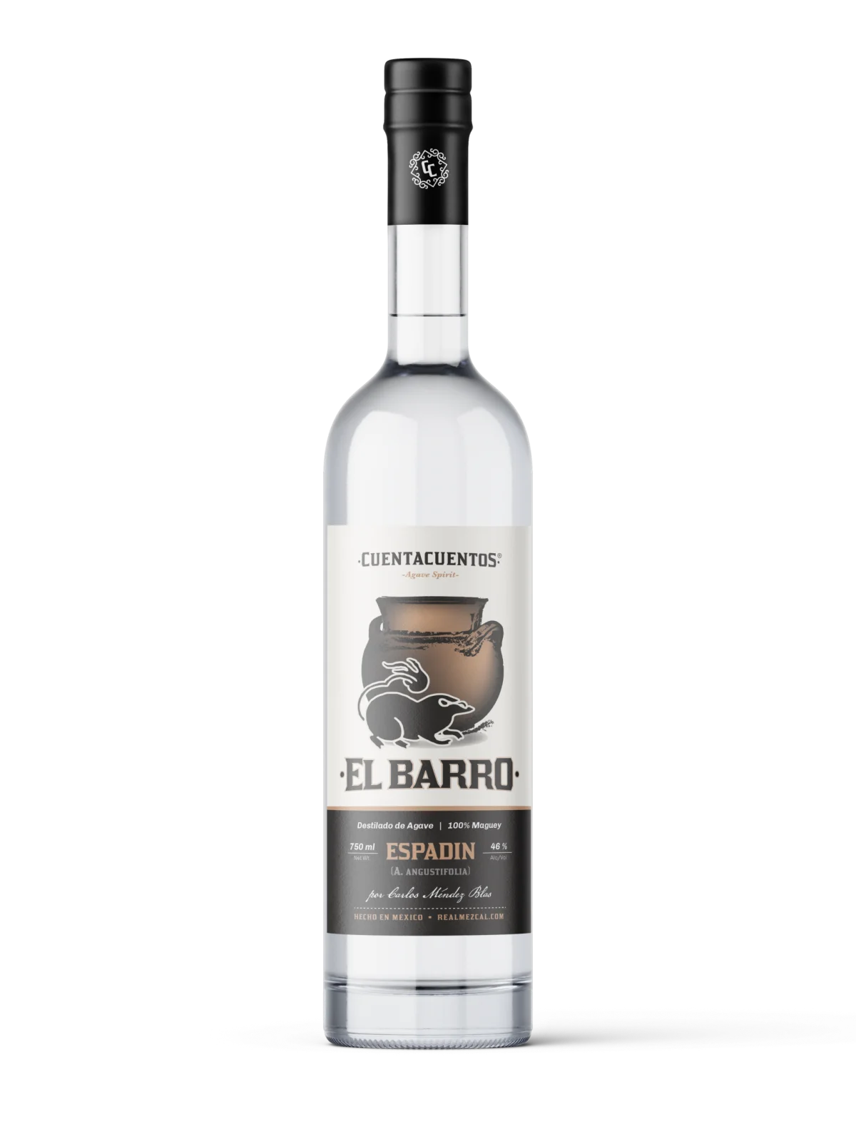 El Barro Espadín bottle with its clay-pot illustration and Cuentacuentos insignia