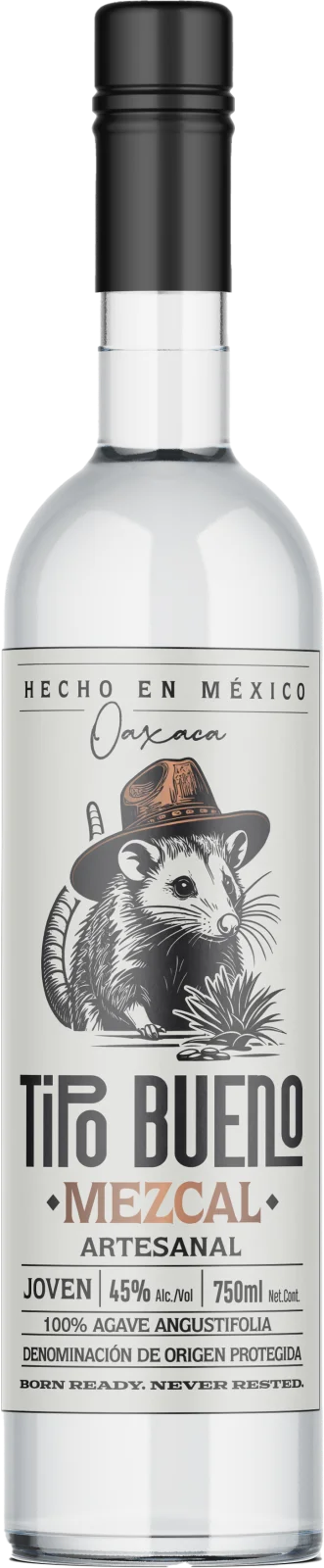 Tipo Bueno mezcal bottle with an illustrated opossum in a copper hat and bold product lettering