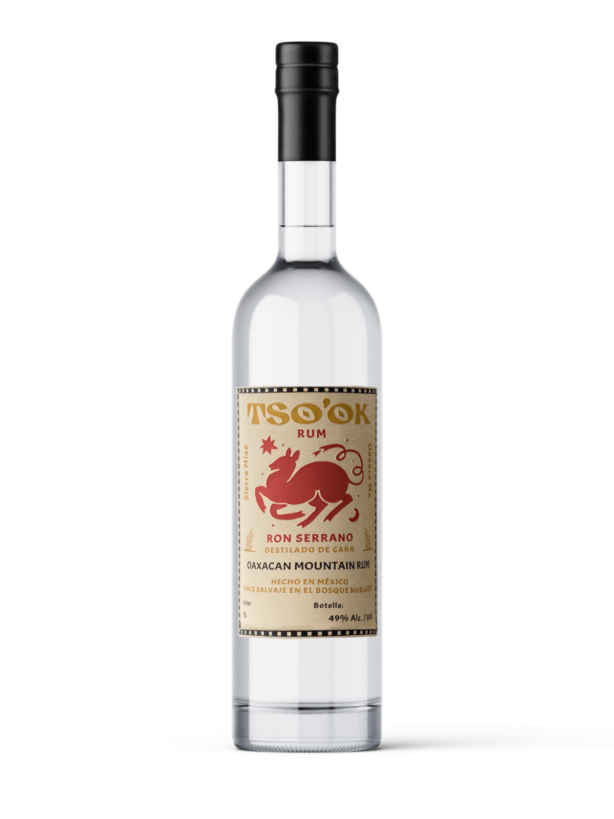 Tso’ok rum bottle with its red animal companion illustration and Oaxacan mountain rum label